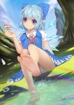  1girl absurdres bare_arms bare_legs barefoot blue_eyes blue_hair bow breasts cirno commentary_request day dress dutch_angle fingernails grin hair_bow hand_up head_tilt highres holding ice ice_wings impossible_clothes impossible_dress looking_at_viewer medium_hair neck_ribbon outdoors panties pantyshot pantyshot_(sitting) ribbon short_sleeves sidelocks signature sitting small_breasts smile solo splashing toes touhou underwear water white_panties wings xiumu_bianzhou 