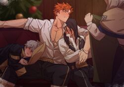  1girl 3boys abs arm_around_shoulder arm_up arms_up ashe_ubert black_pants black_shirt black_vest blanket blue_hair blush brown_hair christmas christmas_tree closed_eyes collarbone collared_shirt commentary couch covered_mouth crossed_arms dark_blue_hair felix_hugo_fraldarius fire_emblem fire_emblem:_three_houses grey_hair hair_down hashtag-only_commentary highres holding holding_blanket layered_clothes long_hair lying lying_on_person male_focus mercedes_von_martritz multiple_boys on_couch on_side open_clothes open_mouth open_shirt out_of_frame pants parted_lips pectoral_cleavage pectorals pillow satodee shawl shirt sleeping sylvain_jose_gautier tassel vest white_shirt 