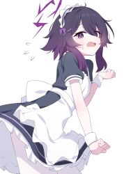  1girl absurdres alternate_costume apron blue_archive clumsy hagoonha halo haruka_(blue_archive) highres looking_at_viewer maid maid_apron maid_headdress medium_hair open_mouth pantyhose purple_hair purple_halo simple_background solo violet_eyes white_background white_pantyhose 