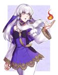  1girl absurdres adricarra artist_name dress fire fire_emblem fire_emblem:_three_houses flame hair_ornament highres long_hair long_sleeves lysithea_von_ordelia open_mouth pink_eyes short_dress simple_background solo white_hair white_legwear 