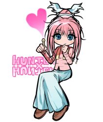  1girl blue_eyes blush_stickers copyright_name full_body hair_bun hand_up heart holding holding_pen hunter_x_hunter jjjjtaaaku long_skirt long_sleeves looking_at_viewer neon_nostrade pen pink_hair sitting skirt smile solo 