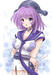  1girl breasts collar dress garter_straps gauntlets headgear kantai_collection kitagawa_mikio large_breasts lexington_(kancolle) looking_at_viewer metal_collar neckerchief one-hour_drawing_challenge purple_hair purple_neckerchief purple_sailor_collar sailor_collar sailor_dress short_dress short_hair solo violet_eyes white_dress 