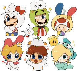  3boys 3girls blonde_hair blue_eyes brown_hair corocorokuririn cosplay earrings facial_hair hangyodon hello_kitty_(character) hello_kitty_(character)_(cosplay) highres jewelry kero_kero_keroppi kuromi kuromi_(cosplay) luigi luigi&#039;s_mansion luigi&#039;s_mansion:_dark_moon mario mimimi_(mimimim9999) multiple_boys multiple_girls mustache my_melody one_eye_closed onegai_my_melody open_mouth polterpup princess_daisy princess_peach rosalina sanrio smile super_mario_bros. toad_(mario) usahana usahana_(cosplay) 