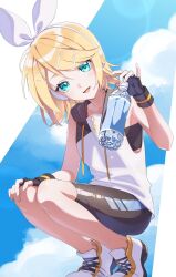  1girl bare_shoulders bike_shorts black_bra black_hood black_shorts blue_sky bottle bow bra breasts collarbone drink fingerless_gloves flat_chest gloves green_eyes hair_bow hair_ornament hairclip hand_on_own_knee head_tilt headphones headset highres holding holding_bottle holding_drink hood hood_down hoodie kagamine_rin lens_flare looking_at_viewer mottari_(mottariquestion) open_mouth plastic_bottle shorts skinny sky sleeveless sleeveless_hoodie small_breasts smile solo sport_ball squatting swept_bangs treble_clef underwear vocaloid white_bow white_footwear white_hoodie white_sneakers 