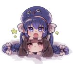  2girls :d ahoge bangs blue_eyes blue_hair blue_headwear bow braid brown_hair chibi closed_mouth eel_hat fang hair_bow imamiya_pinoko long_hair multiple_girls open_mouth otomachi_una pink_eyes sidelocks skin_fang smile striped striped_bow touhoku_kiritan twin_braids twintails vocaloid voiceroid white_bow 