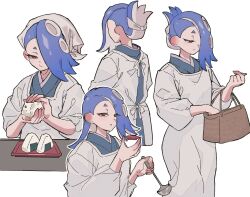  1girl absurdres aggae_1 alternate_costume apron bag blue_hair brown_bag closed_mouth commentary_request cup food hair_over_one_eye half_updo head_scarf highres holding holding_bag holding_cup holding_food holding_ladle korean_commentary ladle medium_hair multiple_views octoling onigiri red_eyes scarf shiver_(splatoon) short_eyebrows simple_background splatoon_(series) splatoon_3 standing tentacle_hair thick_eyebrows white_apron white_background white_scarf 