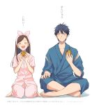  1boy 1girl baozi black_hair brown_hair closed_eyes closed_mouth eating food holding holding_food indian_style japanese_clothes jinbei_(clothes) open_mouth pajamas sitting sleepwear smile translation_request wariza watanuki_chihiro yasumi_(user_spny5748) yugami-kun_ni_wa_tomodachi_ga_inai yugami_yuuji 