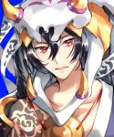  1boy bare_shoulders black_hair character_request collarbone horns jewelry looking_at_viewer male_focus medallion necklace onmyoji open_mouth red_eyes solo tattoo tiyi_(tiyi_a09) 