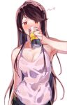  1girl alcohol blush breasts can commentary drinking drunk green_pants gundou_mirei highres long_hair looking_at_viewer medium_breasts nijisanji pants ramu_(taka1995) red_eyes shirt simple_background sketch sleeveless solo strong_zero sweat upper_body very_long_hair virtual_youtuber wet wet_clothes wet_shirt white_background white_shirt 