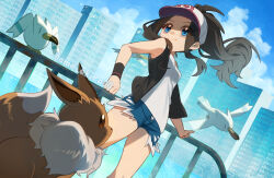  1girl absurdres ame_akira baseball_cap black_vest blue_eyes blue_shorts breasts brown_hair cityscape eevee exposed_pocket hat highres hilda_(pokemon) open_clothes open_vest pokemon pokemon_(creature) pokemon_bw ponytail railing shirt short_shorts shorts small_breasts smile twitter_username vest white_shirt wingull 