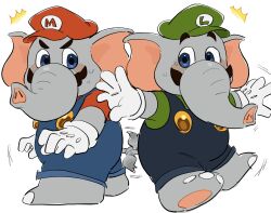  2boys blue_eyes blue_overalls blush clenched_hands elephant_boy elephant_luigi elephant_mario facial_hair furry furry_male gloves hat highres initial looking_at_viewer luigi mario mimimi_(mimimim9999) multiple_boys mustache overalls red_hat simple_background solo super_mario_bros. super_mario_bros._wonder white_gloves 