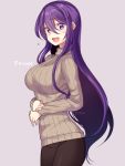  1girl :d bangs beige_sweater breasts casual commentary cowboy_shot doki_doki_literature_club eyebrows_visible_through_hair grey_background hair_between_eyes hair_ornament hairclip large_breasts long_hair long_sleeves looking_at_viewer nan_(gokurou) open_mouth purple_hair ribbed_sweater sidelocks simple_background smile solo sweatdrop sweater turtleneck turtleneck_sweater twitter_username very_long_hair violet_eyes yuri_(doki_doki_literature_club) 