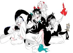  2boys 3girls arknights black_hair chong_yue_(arknights) dragon_boy dragon_girl dragon_horns dragon_tail dusk_(arknights) eastern_dragon_tail flame-tipped_tail green_horns highres horns jiaozixu ling_(arknights) multicolored_hair multiple_boys multiple_girls nian_(arknights) pointy_ears red_eyes siblings streaked_hair tail very_long_tail wang_(arknights) white_hair 