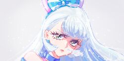  1girl absurdres artist_name bare_shoulders blue_choker bow choker crown_earrings cure_nyammy dress earrings expressionless eyelashes grey_background hair_bow highres jewelry kichineji long_hair looking_at_viewer nekoyashiki_yuki off-shoulder_dress off_shoulder precure solo sparkle white_hair wonderful_precure! 