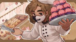  1other alternate_costume bakery blue_eyes bread brown_hair buttons chef_hat commentary cupcake english_commentary food hat holding holding_food holding_plate holding_tongs hulatie indoors jacket long_sleeves mask medium_hair minecraft_youtube mouth_mask other_focus plate ranboo shop solo tongs white_jacket 