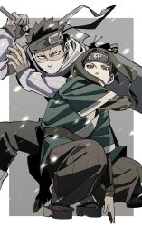  2boys absurdres black_hair border forehead_protector full_body green_kimono grey_background haku_(naruto) highres holding holding_sword holding_weapon japanese_clothes kimono long_hair male_focus mask momochi_zabuza mouth_mask multiple_boys naruto naruto_(series) pnpk_1013 short_hair squatting sword weapon white_border 