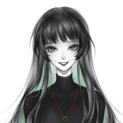  1girl ayao_aka black_eyes black_hair black_shirt blunt_bangs chinese_commentary colored_inner_hair colored_skin commentary facial_mark green_eyes green_hair heterochromia highres jewelry long_hair looking_at_viewer mark_between_eyes multicolored_hair naihe_(female)_(touqi_guaitan) necklace portrait red_lips shirt sidelocks simple_background smile solo touqi_guaitan turtleneck turtleneck_shirt two-tone_hair white_background white_skin 