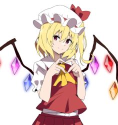  1girl ascot blonde_hair closed_mouth collared_shirt commentary_request crystal flandre_scarlet hat hat_ribbon heart heart_hands highres light_blush long_hair looking_at_viewer mob_cap multicolored_wings one_side_up puffy_short_sleeves puffy_sleeves red_eyes red_skirt red_vest ribbon shirt short_sleeves side_ponytail skirt skirt_set smile solo touhou to~fuya vest white_hat white_shirt wings yellow_ascot 