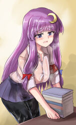  1girl alternate_costume armband blue_bow blush book book_stack bow buttons crescent crescent_hair_ornament dress_shirt hair_bow hair_ornament highres hot long_hair namiki_(remiter00) open_mouth pantyhose patchouli_knowledge pleated_skirt purple_hair red_armband red_bow shirt simple_background skirt solo sweat touhou twintails 