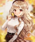  1girl :o autumn autumn_leaves bangs belt belt_buckle beret blonde_hair blurry blurry_background blurry_foreground blush breasts brown_hair brown_headwear brown_skirt buckle commentary_request day depth_of_field ginkgo_leaf hat holding holding_leaf leaf long_hair long_sleeves looking_at_viewer medium_breasts original outstretched_arms parted_lips plaid plaid_skirt pleated_skirt red_eyes shirt sidelocks skirt solo sweater tareme upper_body very_long_hair wavy_hair weri white_shirt white_sweater 