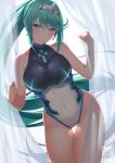  1girl aqua_eyes aqua_hair artist_name bangs blush breasts covered_navel cowboy_shot curtain_grab curtains earrings eyebrows_visible_through_hair gainoob gem hair_ornament headpiece jewelry large_breasts leotard long_hair looking_at_viewer pneuma_(xenoblade) ponytail sidelocks smile solo spoilers standing swept_bangs thigh_gap tiara very_long_hair xenoblade_(series) xenoblade_2 