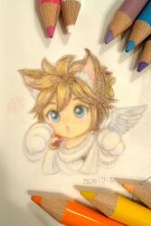  1boy angel angel_wings animal_ears animal_hands blue_eyes brown_hair cat_boy cat_ears chibi chibi_only colored_pencil_(medium) dated highres kemonomimi_mode kid_icarus kid_icarus_uprising male_focus open_mouth pit_(kid_icarus) scarf suruga_kanade traditional_media wings 