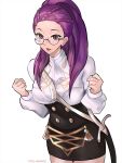  1girl bespectacled facial_mark fire_emblem fire_emblem:_three_houses garreg_mach_monastery_uniform glasses highres long_hair long_sleeves open_mouth petra_macneary ponytail purple_hair scabbard sheath sheathed simple_background solo sword the_kingduke twitter_username uniform weapon white_background 