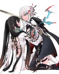  2girls alpha_(punishing:_gray_raven) black_hair clothing_cutout flaming_eye highres holding holding_sword holding_weapon leggings long_hair lucia:_crimson_weave_(punishing:_gray_raven) lucia:_pyroath_(punishing:_gray_raven) lucia_(punishing:_gray_raven) mechanical_spine multicolored_hair multiple_girls punishing:_gray_raven sidelocks smirk sunkist_stvira sword thigh_cutout twintails violessastvira weapon white_hair 