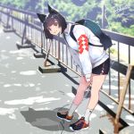  1girl animal_ears artist_name backpack bag black_eyes black_hair commentary_request fox_ears full_body grin leaning_forward long_sleeves looking_at_viewer original road sakuhiko shoes short_hair smile sneakers solo standing sweater v_arms 