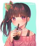  1girl bangs black_hair blunt_bangs bubble_tea butterfly_hair_ornament collarbone commentary cup disposable_cup drinking drinking_straw hair_ornament holding holding_cup kimetsu_no_yaiba looking_at_viewer off-shoulder_sweater off_shoulder pink_eyes pink_sweater ribbed_sweater side_ponytail solo strap sweater tsukiaki_teriyaki tsuyuri_kanao upper_body 