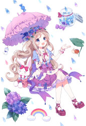  1girl :d absurdres ankle_socks ankle_strap back_bow blue_eyes blue_shirt blush bobby_socks bow buchi_(y0u0ri_) candy curly_hair flower flower_hairband food frilled_skirt frills full_body hands_up happy highres holding holding_umbrella hydrangea layered_skirt light_brown_hair long_hair looking_ahead lotus_leaf mary_janes medium_skirt neck_ribbon open_mouth original parasol pink_ribbon pink_umbrella purple_bow purple_skirt rain red_footwear ribbon scrunchie shirt shoes short_sleeves simple_background sitting skirt smile snail socks solo stuffed_animal stuffed_rabbit stuffed_toy three_quarter_view umbrella very_long_hair white_background white_scrunchie white_socks wrist_scrunchie 