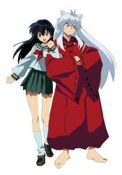  1boy 1girl :d animal_ears barefoot bead_necklace beads betti_(xx_betti) black_hair brown_eyes brown_footwear closed_mouth crossed_arms dog_ears full_body green_sailor_collar green_skirt hair_between_eyes highres higurashi_kagome inuyasha inuyasha_(character) japanese_clothes jewelry kimono kneehighs locked_arms long_sleeves looking_to_the_side neckerchief necklace open_mouth pleated_skirt red_kimono red_neckerchief sailor_collar school_uniform serafuku shirt shoes sidelocks skirt smile socks sweatdrop white_background white_hair white_shirt white_socks wide_sleeves yellow_eyes 