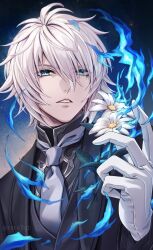  1girl black_suit blue_eyes flower formal gloves granblue_fantasy hair_between_eyes highres holding holding_flower jacket lucilius_(granblue_fantasy) male_focus necktie rere3gb short_hair solo suit suit_jacket white_flower white_gloves white_hair 
