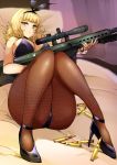  1girl agetama animal_ears anti-materiel_rifle bare_shoulders barrett_m82 bipod black_footwear black_leotard blonde_hair breasts bunny_girl bunnysuit commentary_request fake_animal_ears fishnet_pantyhose fishnets green_eyes gun high_heels highleg highleg_leotard highres holding holding_gun holding_weapon large_breasts leotard medium_hair on_bed pantyhose pillow rabbit_ears rifle saionji_usagi scope sniper_rifle solo strapless strapless_leotard taimadou_gakuen_35_shiken_shoutai weapon wrist_cuffs 