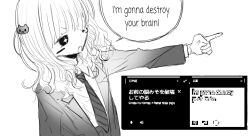  +_+ 1girl blush_stickers cat_hair_ornament collared_shirt english_text fang formal google_translate greyscale hair_ornament highres index_finger_raised jacket long_hair long_sleeves mixed-language_text monochrome necktie noroi_(rnatataki) open_clothes open_jacket open_mouth original pointing shirt simple_background skin_fang solo speech_bubble upper_body white_background 