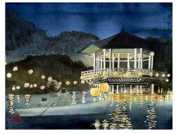  2girls absurdres boat gazebo highres landscape lantern mountainous_horizon multiple_girls night night_sky original painting_(medium) paper_lantern platform pond reflection reflective_water rowboat sazanka_352 shadow shelter sky traditional_media water watercolor_(medium) watercraft 