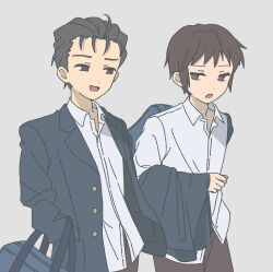  2boys bag black_eyes black_hair blazer brown_eyes brown_hair brown_pants collared_shirt green_jacket grey_background hand_in_pocket highres holding holding_bag jacket jacket_on_arm kita_high_school_uniform kyon long_sleeves looking_to_the_side male_focus multiple_boys nanonome open_clothes open_jacket pants school_bag school_uniform shirt short_hair simple_background standing suzumiya_haruhi_no_yuuutsu taniguchi_(suzumiya_haruhi) unworn_jacket white_shirt winter_uniform 