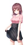  1girl absurdres black_skirt breasts brown_hair collarbone commentary_request eyebrows_visible_through_hair gyungsin highres looking_at_viewer medium_breasts medium_hair original pink_shirt red_eyes shirt short_sleeves simple_background skirt smile white_background 