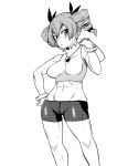  1girl abs bangle bike_shorts bracelet breasts commentary_request drill_hair expressionless feet_out_of_frame hand_on_hip highres himajin_noizu jewelry looking_at_viewer looking_to_the_side medium_breasts midriff monochrome navel parted_lips pendant simple_background solo sports_bra standing sweat toned touhou twintails white_background yorigami_jo&#039;on 