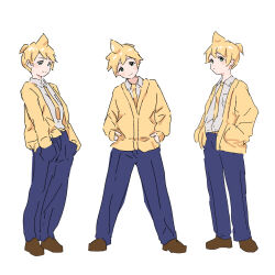  1boy blonde_hair blue_eyes cardigan collared_shirt hands_in_pockets high_ponytail legs_apart long_sleeves male_focus multiple_views necktie pants ponytail school_uniform shirt short_ponytail smile vocaloid yakkl 