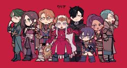  4boys 4girls absurdres arm_up armor bernadetta_von_varley black_coat black_eyes black_hair blue_eyes blue_hair boots bow_(weapon) brown_hair c4vknggjci51182 cape caspar_von_bergliez chibi chibi_only clenched_hand closed_mouth coat collared_coat collared_jacket commentary_request dark-skinned_female dark_skin dorothea_arnault dress earrings edelgard_von_hresvelg fake_horns ferdinand_von_aegir fire_emblem fire_emblem:_three_houses friends from_side green_eyes green_hair hair_between_eyes hair_over_one_eye hand_on_own_chin hand_on_own_hip hand_up headpiece high_ponytail highres holding holding_bow_(weapon) holding_weapon horns hubert_von_vestra jacket jewelry linhardt_von_hevring long_hair long_sleeves looking_at_viewer looking_to_the_side multiple_boys multiple_girls orange_eyes orange_hair pants parted_bangs petra_macneary ponytail purple_hair red_background red_cape red_dress short_hair skirt standing sweatdrop tearing_up violet_eyes wavy_hair weapon white_hair 