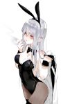  1girl alternate_costume animal_ears bare_shoulders blush bow breasts bunny_girl bunny_tail bunnysuit cigarette eyebrows_visible_through_hair fake_animal_ears gangut_(kantai_collection) grey_hair hair_between_eyes jacket kantai_collection large_breasts long_hair nello_(luminous_darkness) pantyhose rabbit_ears red_eyes simple_background smoking solo tail white_background white_jacket 