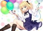  1girl ahoge artoria_pendragon_(all) balloon bangs black_bow black_neckwear black_ribbon blonde_hair blue_dress boots bow brown_footwear cross-laced_footwear dress eyebrows_visible_through_hair fate/grand_order fate/unlimited_codes fate_(series) green_eyes hair_bow highres holding_balloon long_sleeves looking_at_viewer open_mouth ribbon saber_lily shino_skk short_hair sitting smile solo 