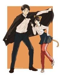  1boy 1girl animal_ear_hairband animal_ears bell belt black_eyes black_skirt border breasts bright_pupils brown_hair cape cat_ear_hairband cat_ears cat_tail collared_shirt copyright_name dated expressionless facial_mark fake_animal_ears full_body hairband halloween halloween_costume hand_on_own_hip jaga_rico long_sleeves looking_at_viewer low_twintails maeda_tomoko makino_kei medium_hair miniskirt neck_bell orange_background outside_border pants pants_under_skirt pleated_skirt school_uniform shirt shoes short_twintails siren_(series) siren_1 skirt small_breasts sneakers standing standing_on_one_leg tail track_pants twintails v whisker_markings white_border white_pupils white_shirt 