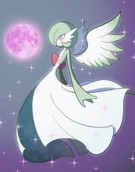  angel_wings bad_id bad_twitter_id bob_cut colored_skin dress from_side gardevoir gradient_background green_hair green_skin highres moon multicolored_skin pink_eyes pink_moon pokemon pokemon_(creature) sparkle tasapi two-tone_skin white_dress white_skin wings 