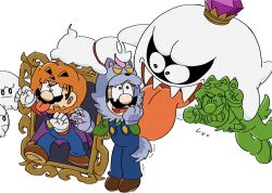  4boys animal_costume blue_eyes blue_overalls brown_hair cape crown evil_smile facial_hair gem ghost gloves gooigi green_shirt hat highres jack-o&#039;-lantern_head king_boo luigi male_focus mario mimimi_(mimimim9999) multiple_boys overalls shirt short_hair smile super_mario-kun super_mario_bros. tail white_gloves wolf_costume wolf_paws wolf_tail 