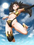  1girl anklet armlet armpits ass_visible_through_thighs asymmetrical_legwear asymmetrical_sleeves black_hair blue_sky blush breasts bridal_gauntlets clouds crown detached_collar detached_sleeves earrings elbow_gloves fate/grand_order fate_(series) gloves gradient_sky highres hoop_earrings ishtar_(fate/grand_order) jewelry jumping long_hair long_legs looking_at_viewer navel red_eyes single_detached_sleeve single_elbow_glove single_sleeve single_thighhigh sky small_breasts solo tama_(seiga46239239) thigh-highs tiara toeless_legwear two_side_up 