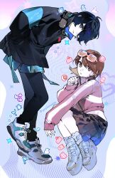  1boy 1girl bent_over black_jacket black_pants black_skirt blue_hair brown_eyes brown_hair closed_mouth cropped_jacket dark_blue_hair eyewear_on_head full_body gapamopa grey_eyes hair_between_eyes hands_in_pockets hashtag-only_commentary headphones headphones_around_neck highres jacket long_sleeves looking_at_viewer midriff_peek official_alternate_costume pants persona persona_3 persona_3_reload pink_jacket pleated_skirt short_hair skirt sparkle squatting star_(symbol) takeba_yukari track_jacket twitter_username village_vanguard white_footwear yuuki_makoto_(persona_3) zipper 