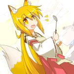  :d alternate_costume animal_ears blonde_hair commentary_request cooking cosplay fox_ears fox_tail highres japanese_clothes kantai_collection kemonomimi_mode ladle looking_at_viewer low_twintails miko open_mouth satsuki_(kantai_collection) smile tail twintails ver_norma2 yellow_eyes 