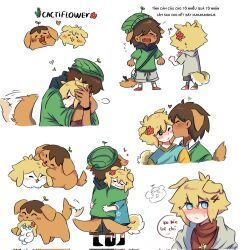  2boys alternate_costume animal_ears animalization basil_(faraway)_(omori) basil_(omori) beanie black_eyes blonde_hair blue_eyes bright_pupils brown_hair closed_eyes corrupted_twitter_file crying dark-skinned_male dark_skin dog_boy dog_ears dog_tail fang flower green_hat green_socks grey_hoodie grey_shorts hair_flower hair_ornament hat highres hood hoodie kel_(faraway)_(omori) kel_(omori) kemonomimi_mode male_focus multiple_boys ni12345670 omori one_eye_closed open_mouth red_footwear shoes short_hair short_sleeves shorts simple_background sneakers socks tail thought_bubble translation_request vietnamese_text white_background white_pupils white_socks 